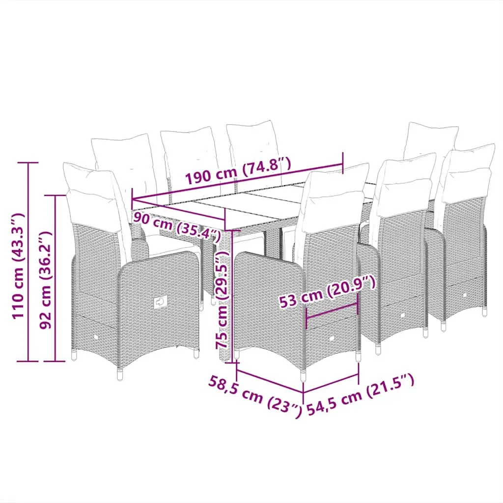 Outdoor Bistro Furniture Set PE Rattan 9 Piece Garden Seating with Cushions Black