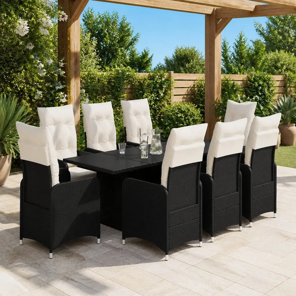 9 Piece Garden Bistro Set Poly Rattan Black Cushions Table Chairs