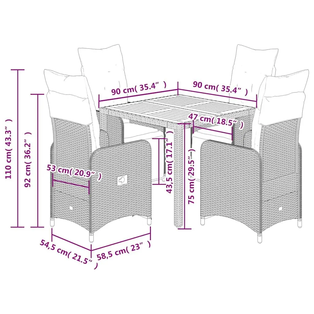 5 Piece Garden Bistro Set Outdoor Furniture Grey Poly Rattan Adjustable Chairs