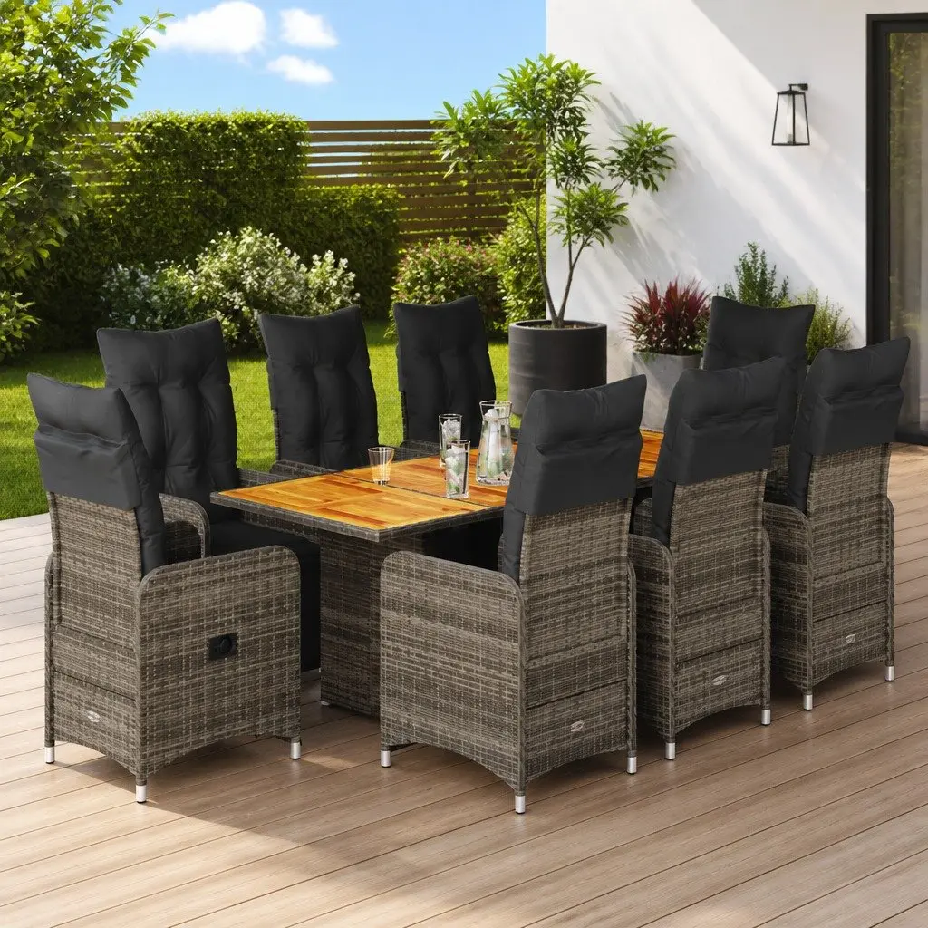 Garden Bistro Set 9 Piece PE Rattan Outdoor Furniture Grey Acacia Wood Dining Chairs Table