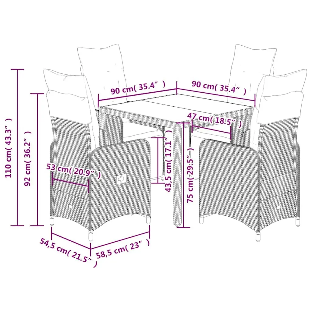5 Piece Bistro Set Poly Rattan Outdoor Furniture Grey with Cushions