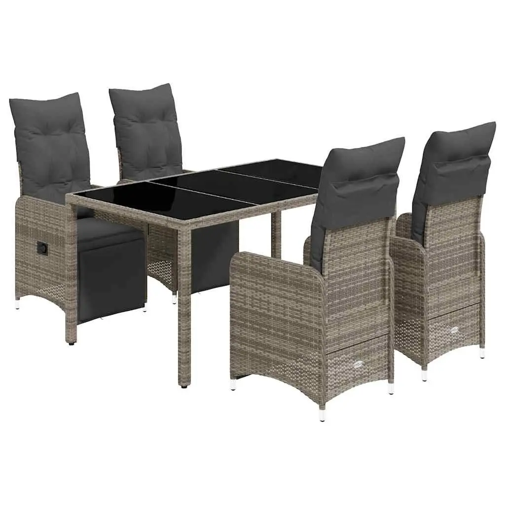 5 Piece Outdoor Bistro Set Rattan Chairs Glass Top Table Grey Cushions