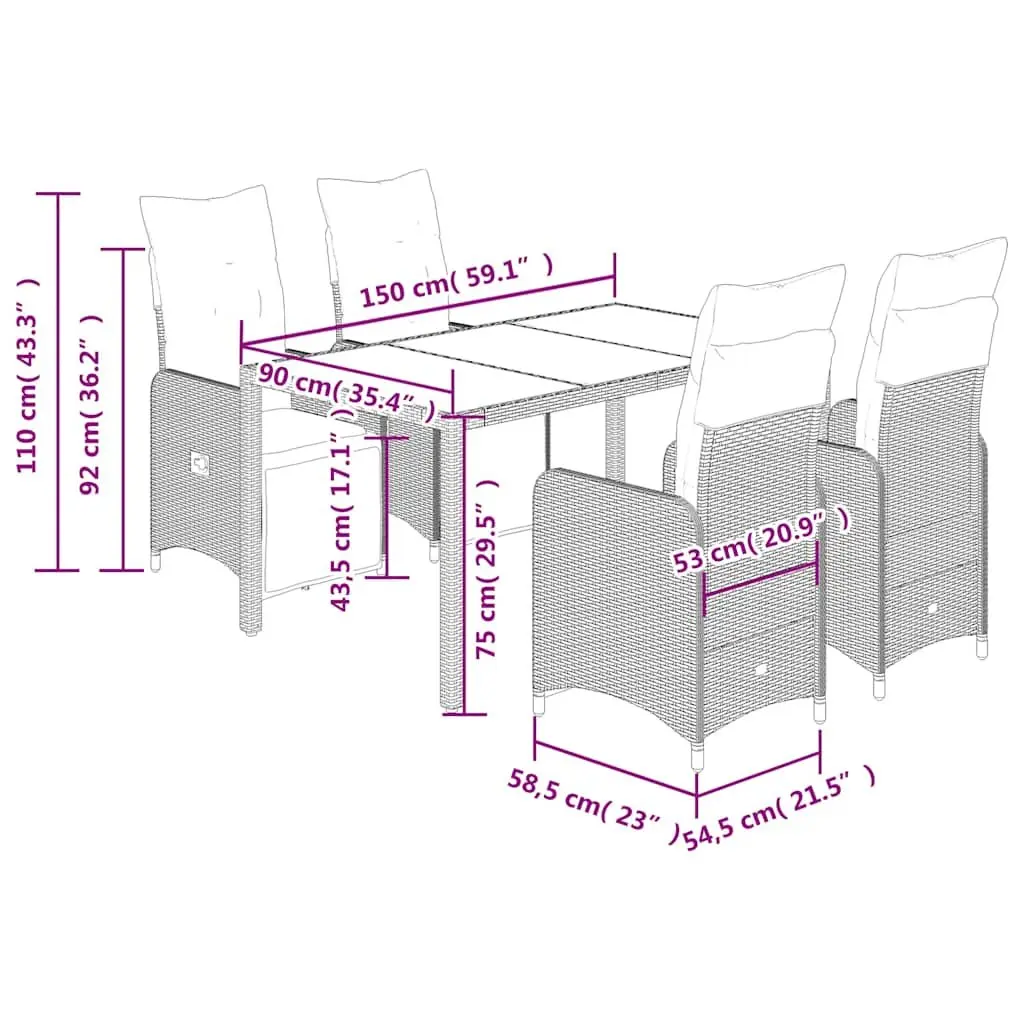5 Piece Outdoor Bistro Set Rattan Chairs Glass Top Table Grey Cushions
