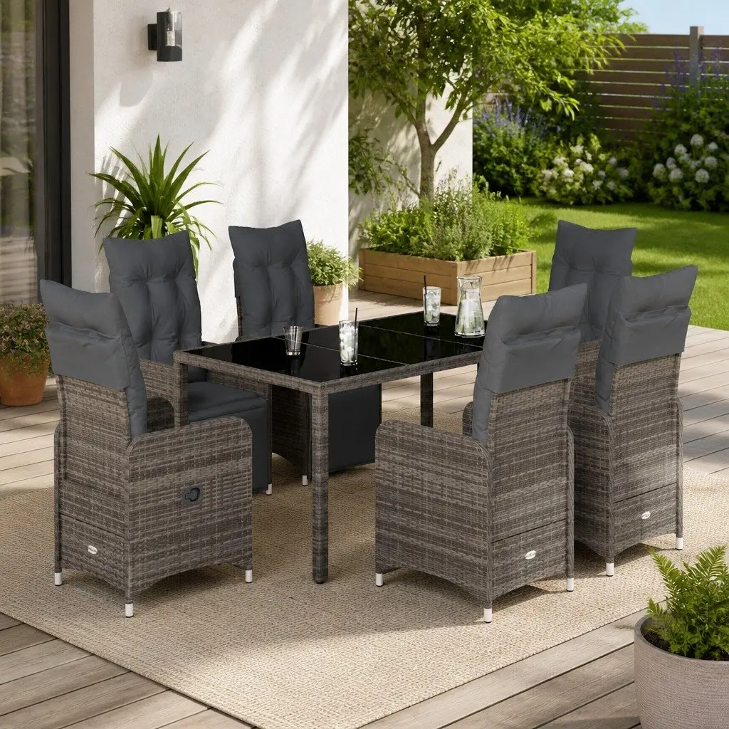 7 Piece Bistro Set Poly Rattan Outdoor Furniture Grey with Tempered Glass Top and Thickly Padded Cushions