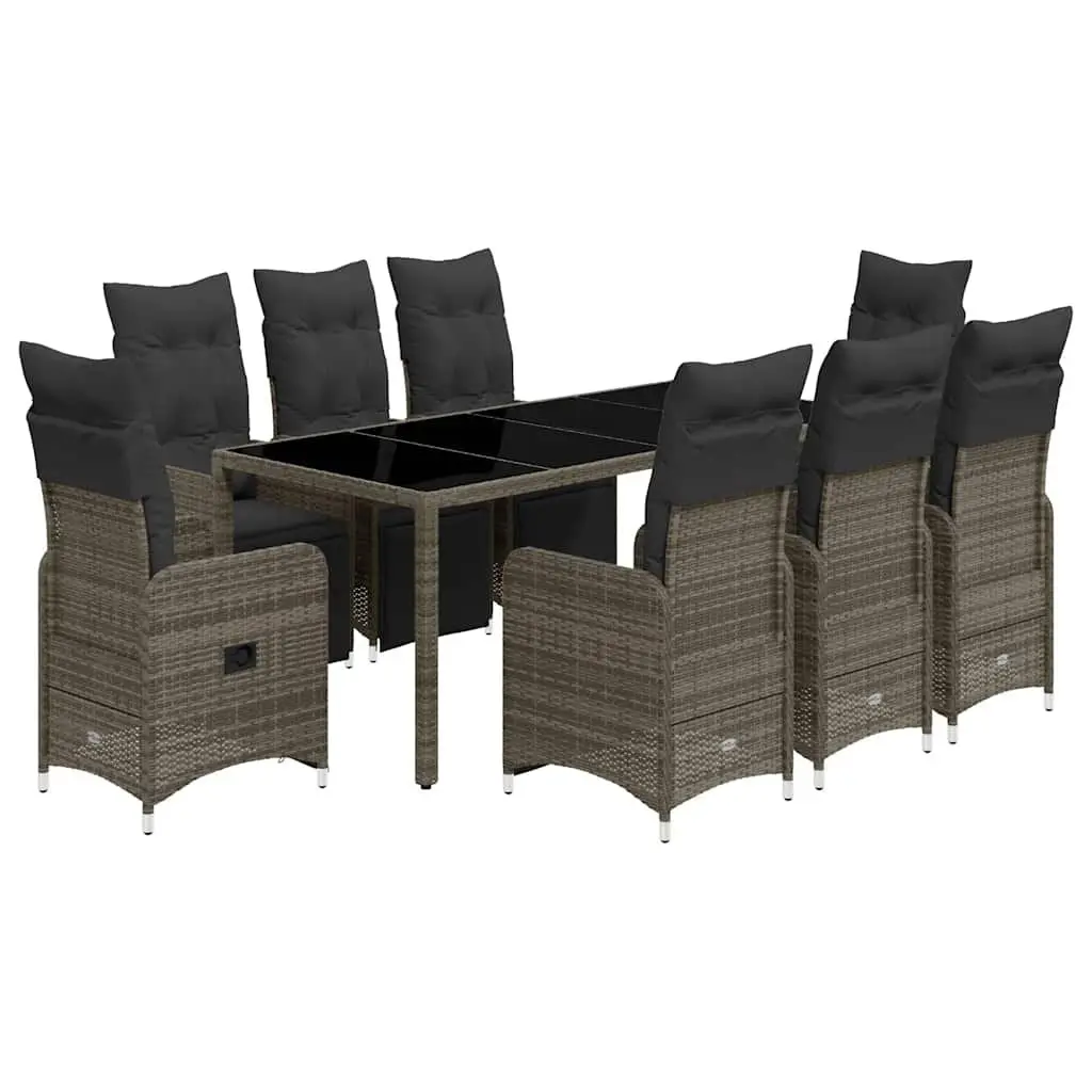 9 Piece Outdoor Bistro Set PE Rattan Grey Cushions Tempered Glass Table