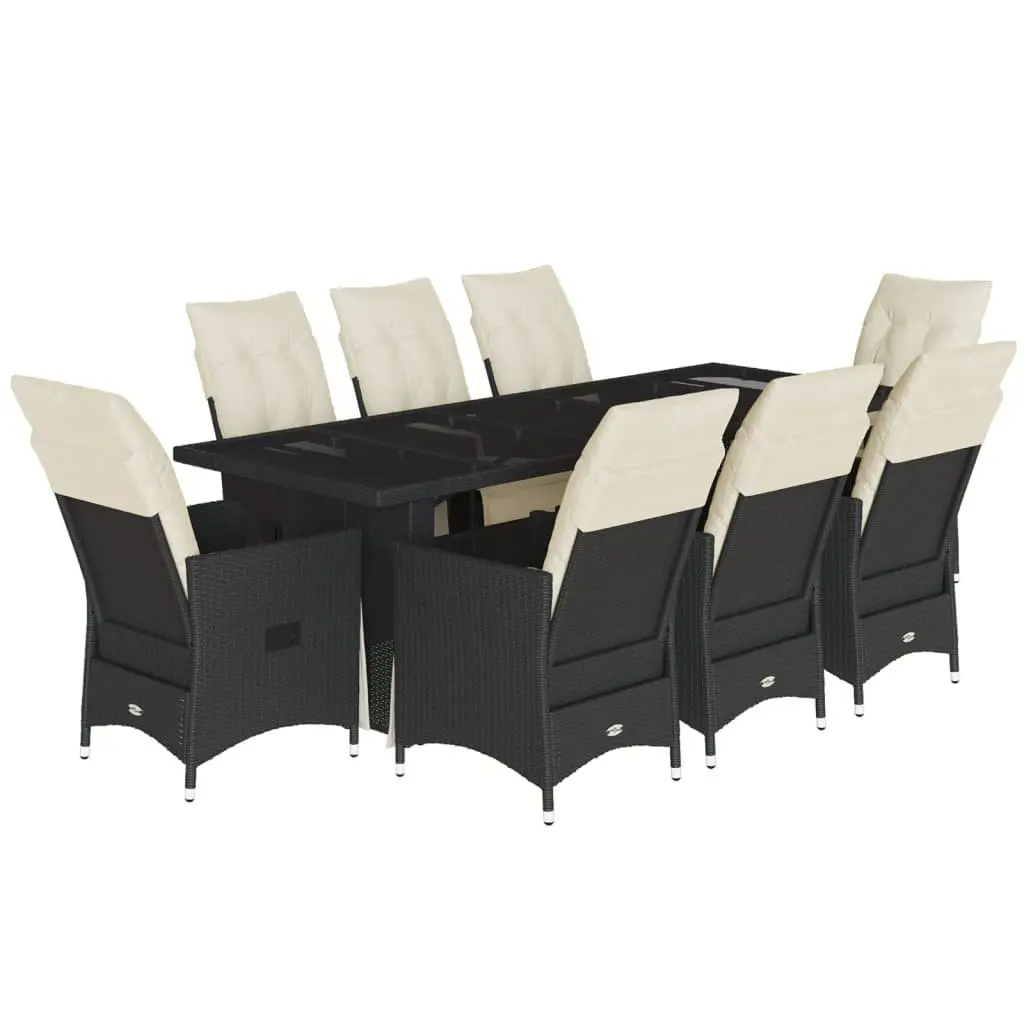 9 Piece Outdoor Bistro Set Black PE Rattan Cushioned Seating with Tempered Glass Table