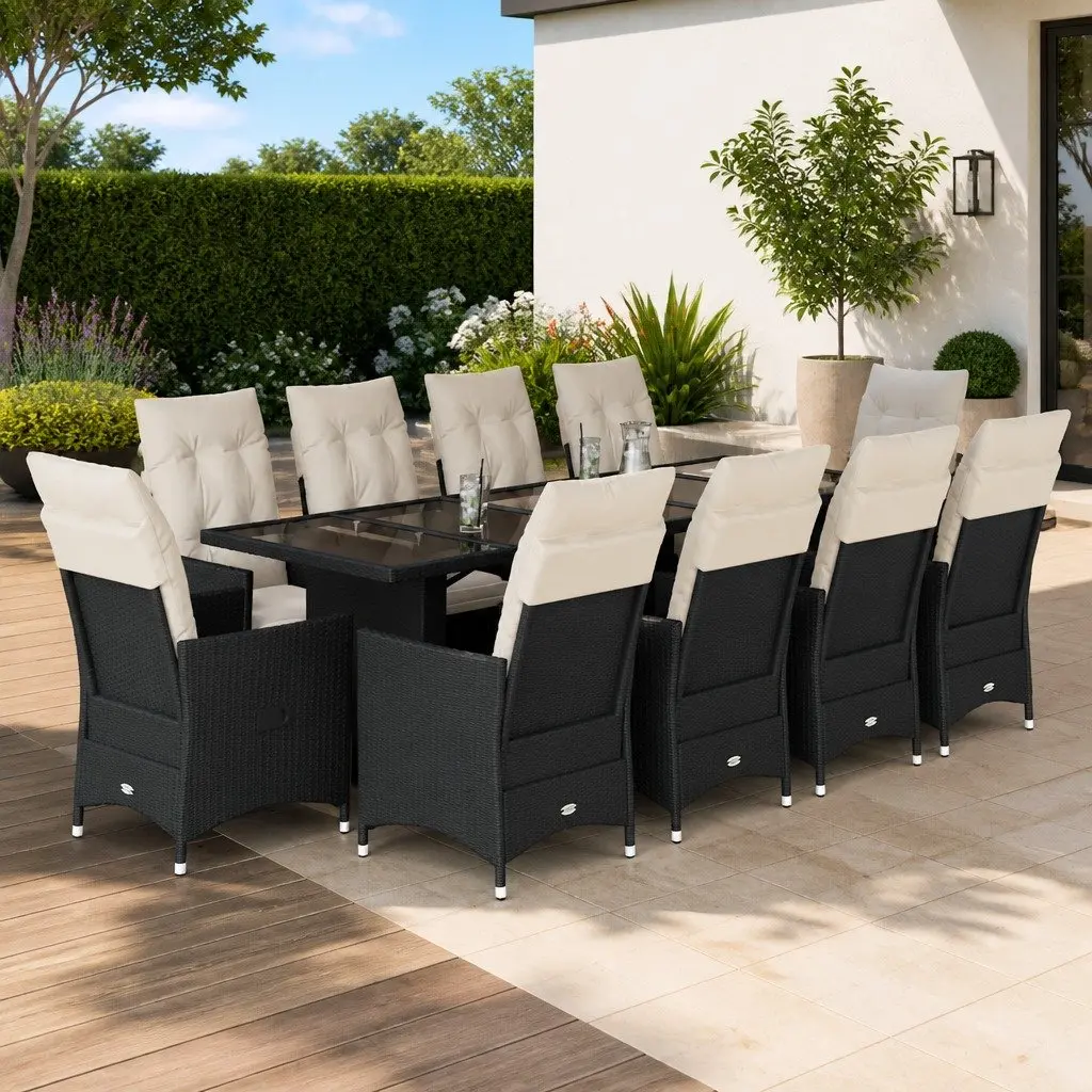 Outdoor Bistro Furniture Set 11 Piece Black PE Rattan with Cushions and Glass Table
