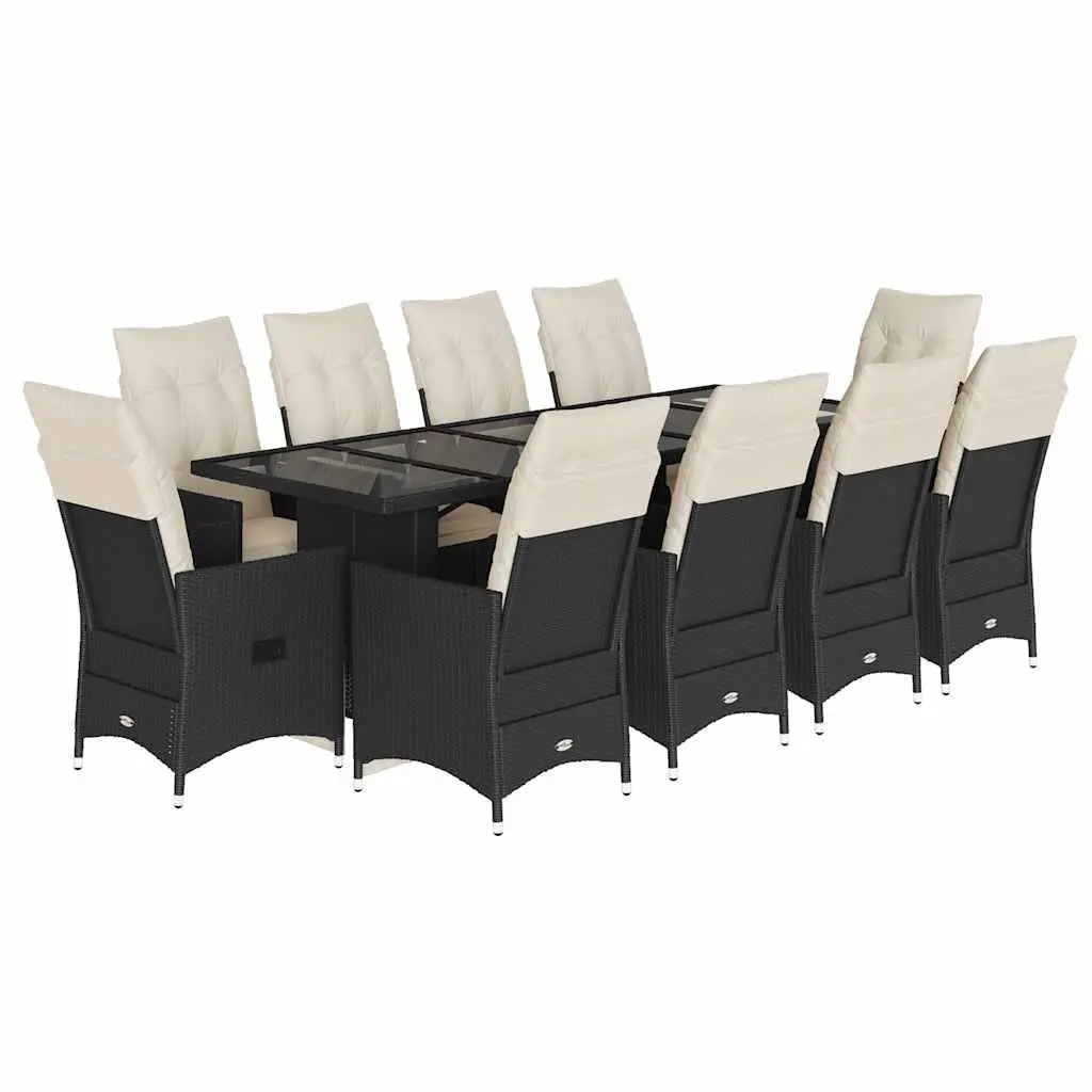 Outdoor Bistro Furniture Set 11 Piece Black PE Rattan with Cushions and Glass Table