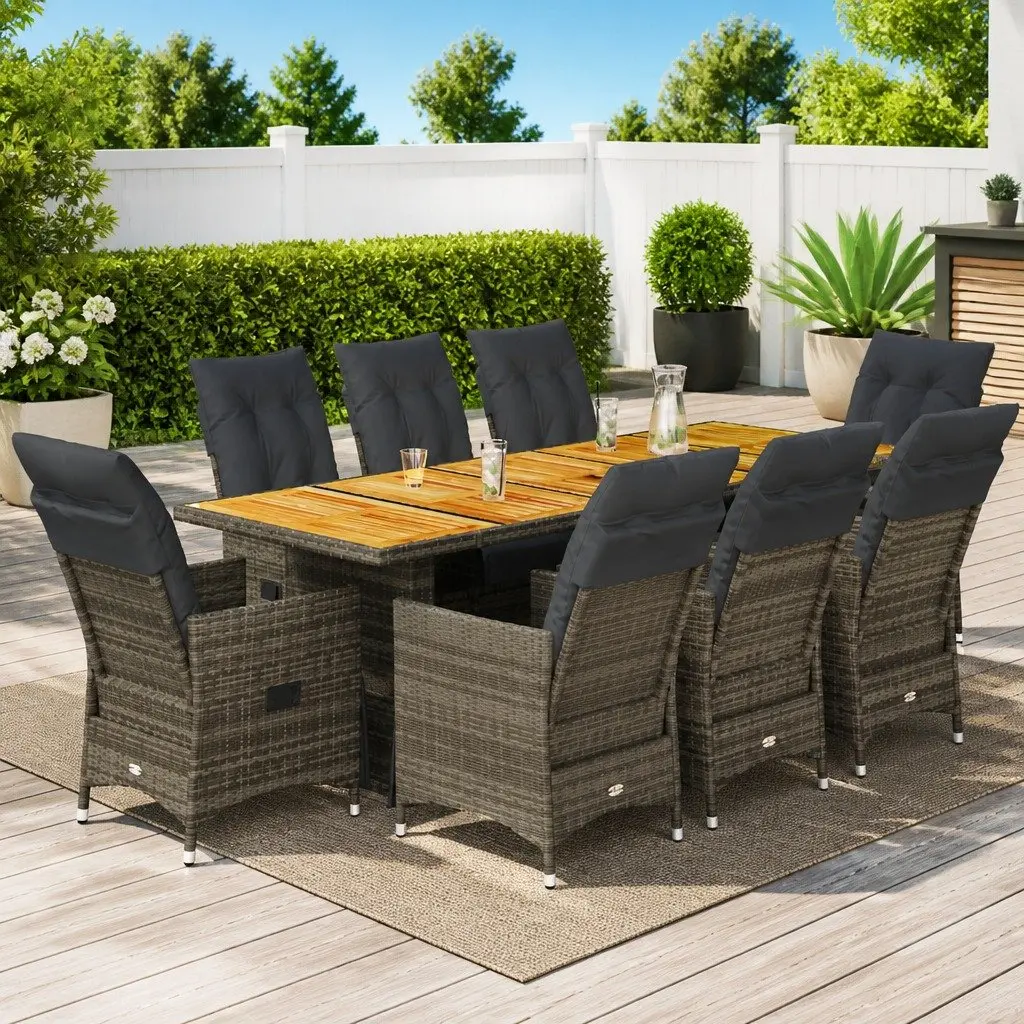 9 Piece Bistro Set PE Rattan Grey with Cushions Adjustable Backrest and Footrest Acacia Wood Table Top
