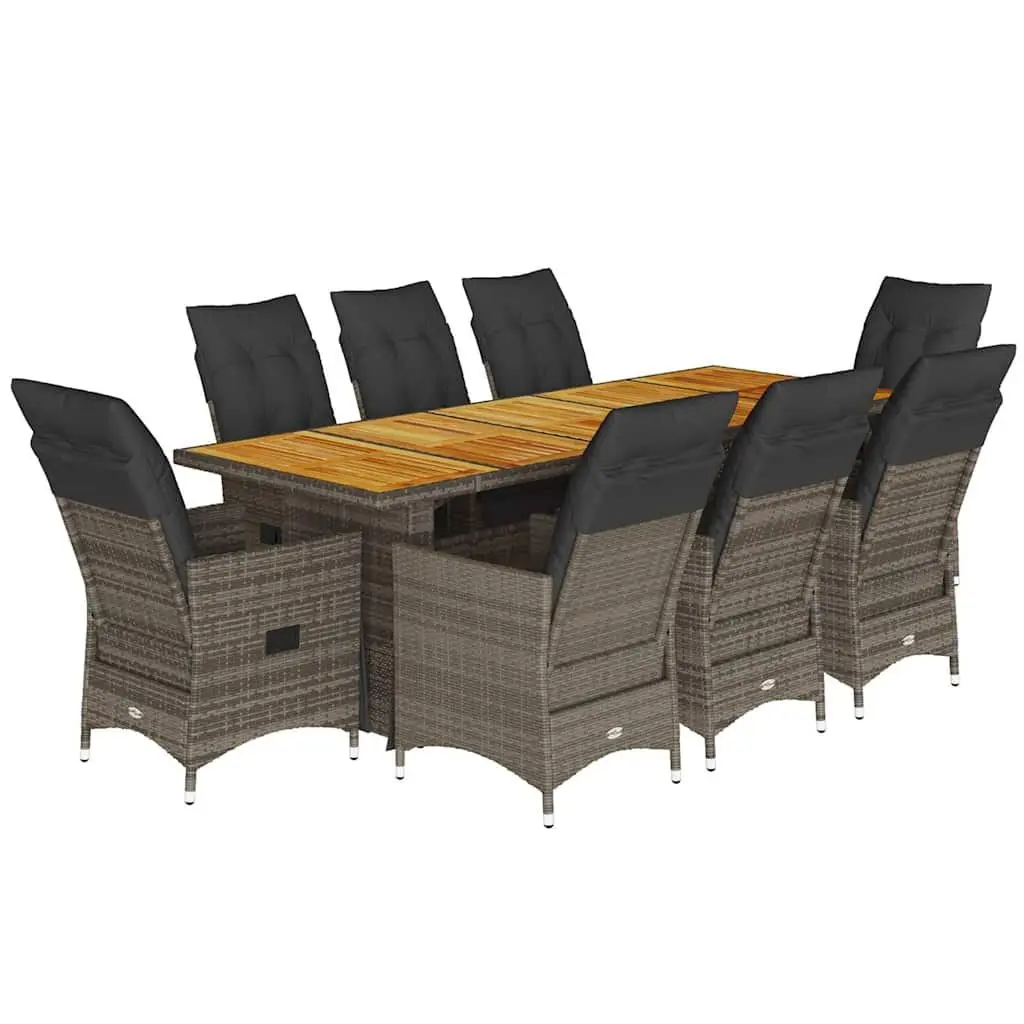 9 Piece Bistro Set PE Rattan Grey with Cushions Adjustable Backrest and Footrest Acacia Wood Table Top