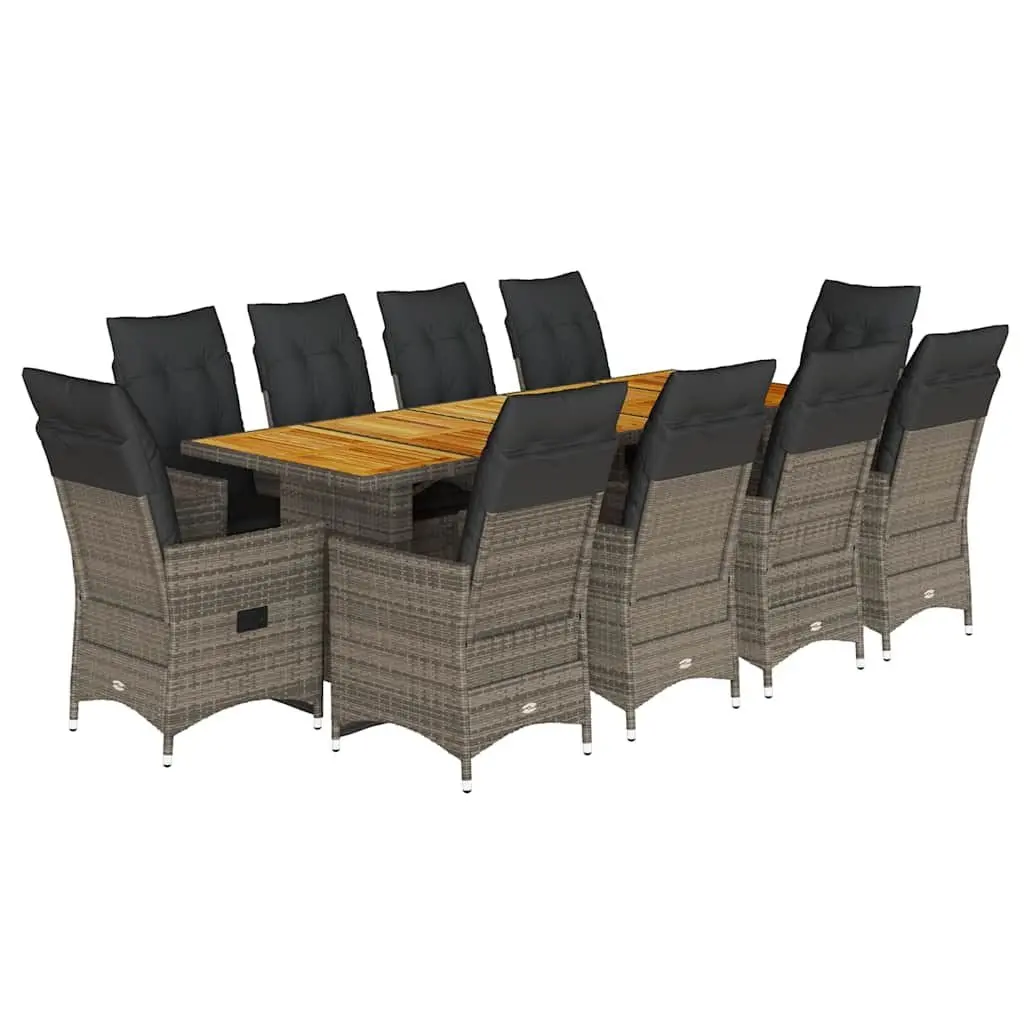11 Piece Outdoor Furniture Set Grey Poly Rattan with Cushions Adjustable Seating and Acacia Wood Tabletop
