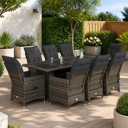 Garden Bistro Set 9 Piece Outdoor Furniture with Cushions Grey Poly Rattan