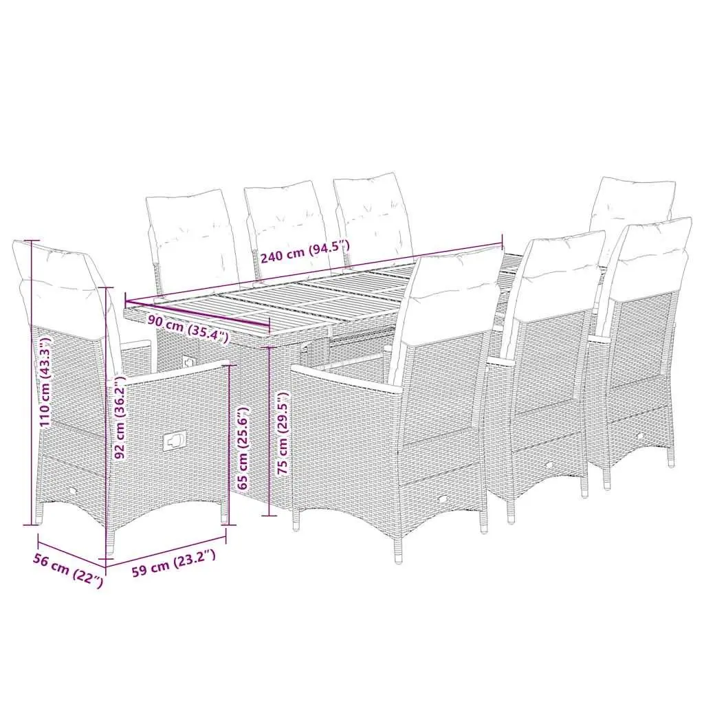 Garden Bistro Set 9 Piece PE Rattan Outdoor Furniture Black with Acacia Wood Table and Cushions