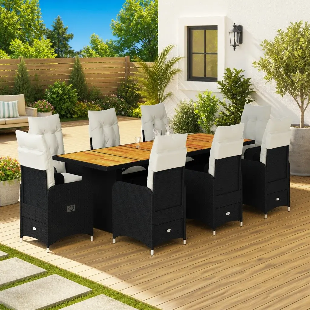Garden Bistro Furniture Set 9 Piece Outdoor Dining Chairs Table Cushions Black