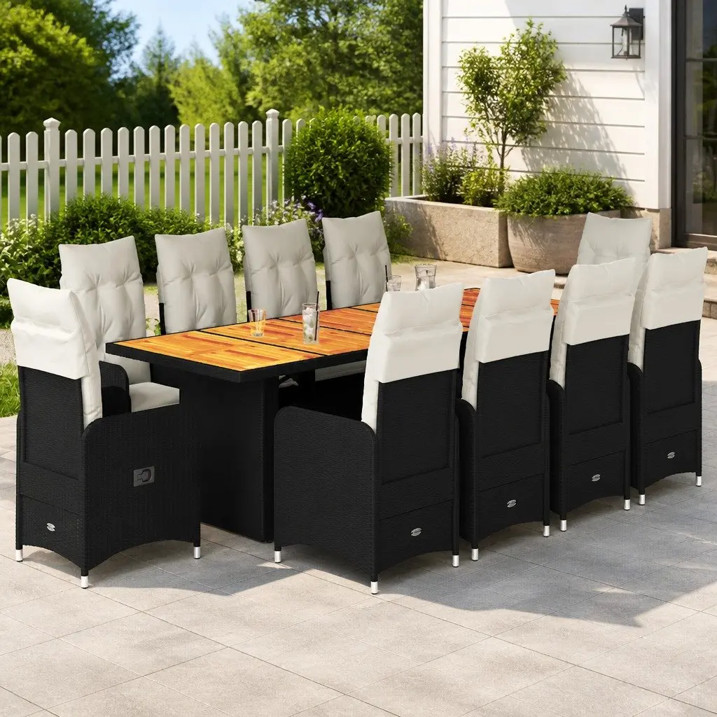 11 Piece Outdoor Bistro Set PE Rattan Acacia Wood Table Black with Cushions
