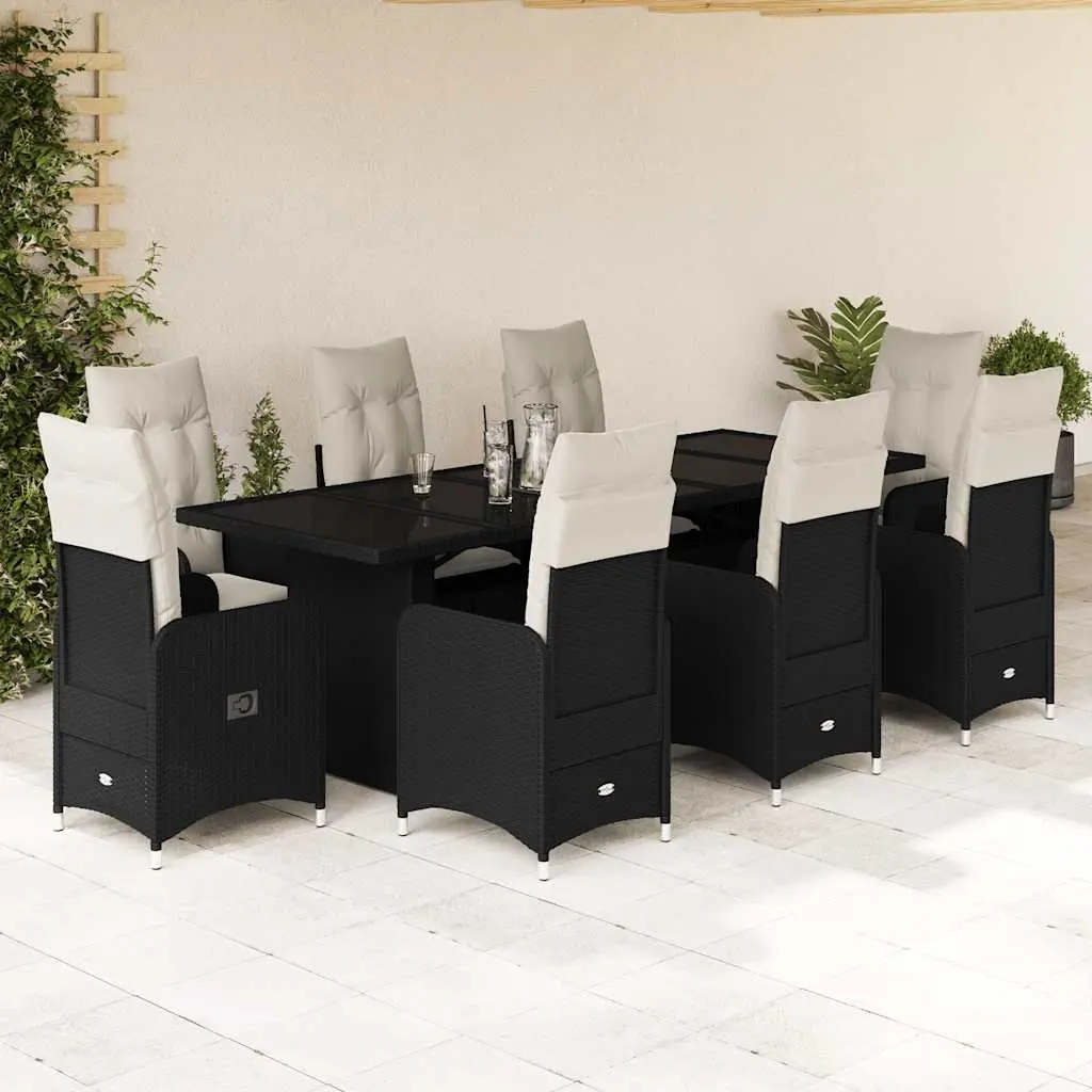 Garden Bistro Set 9 Piece PE Rattan Outdoor Furniture Black with Cushions