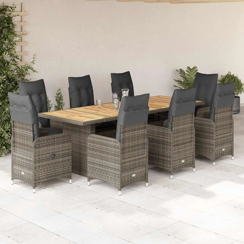 9 Piece Bistro Set Poly Rattan Outdoor Furniture Grey Cushions Acacia Wood Top
