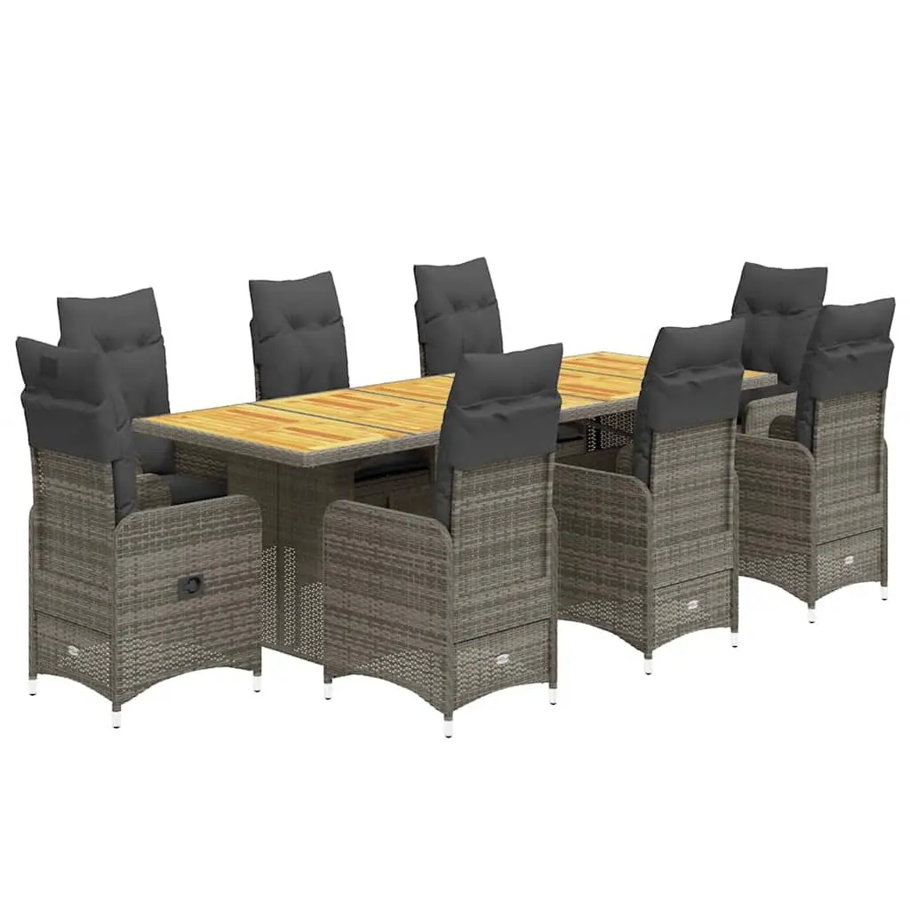 9 Piece Bistro Set Poly Rattan Outdoor Furniture Grey Cushions Acacia Wood Top