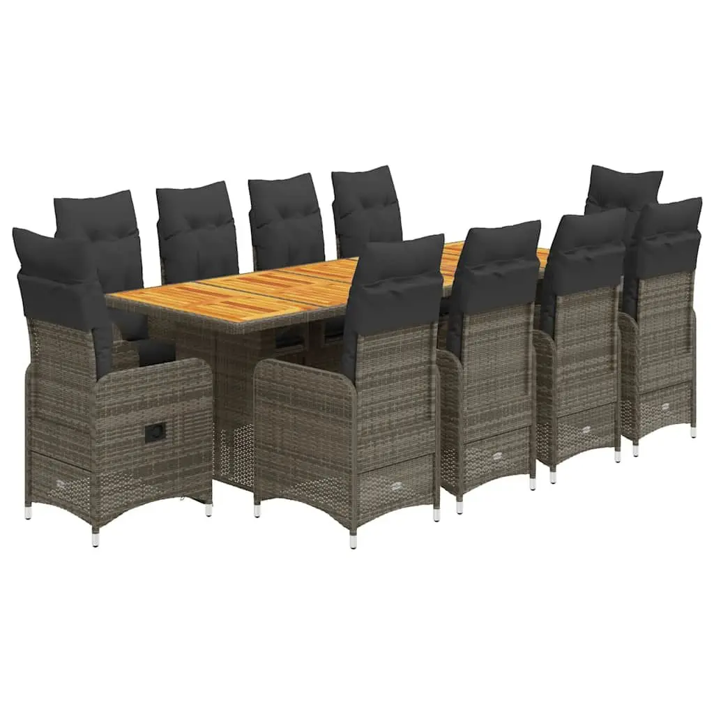 Outdoor Bistro Set 11 Piece Furniture Acacia Wood Top Grey Poly Rattan with Cushions