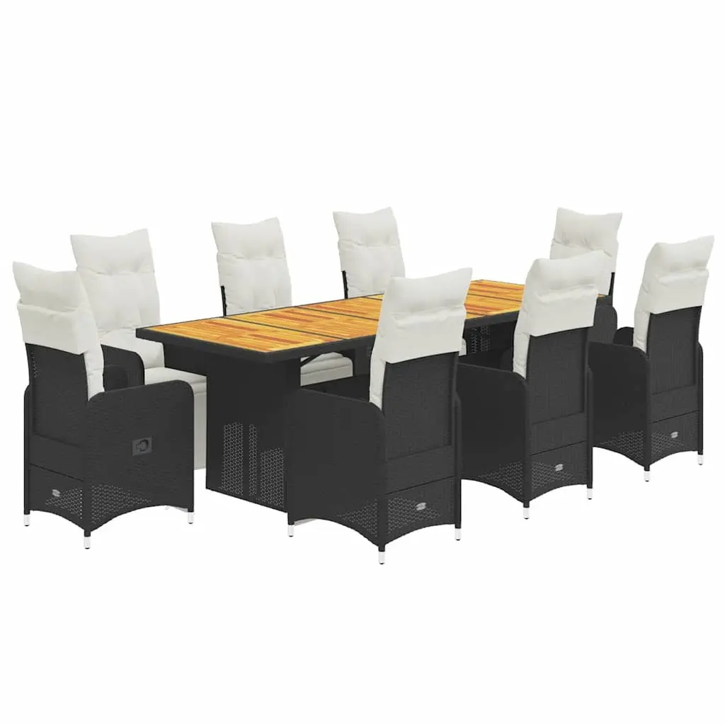 9 Piece Outdoor Bistro Set Black Poly Rattan with Cushions Acacia Wood Table