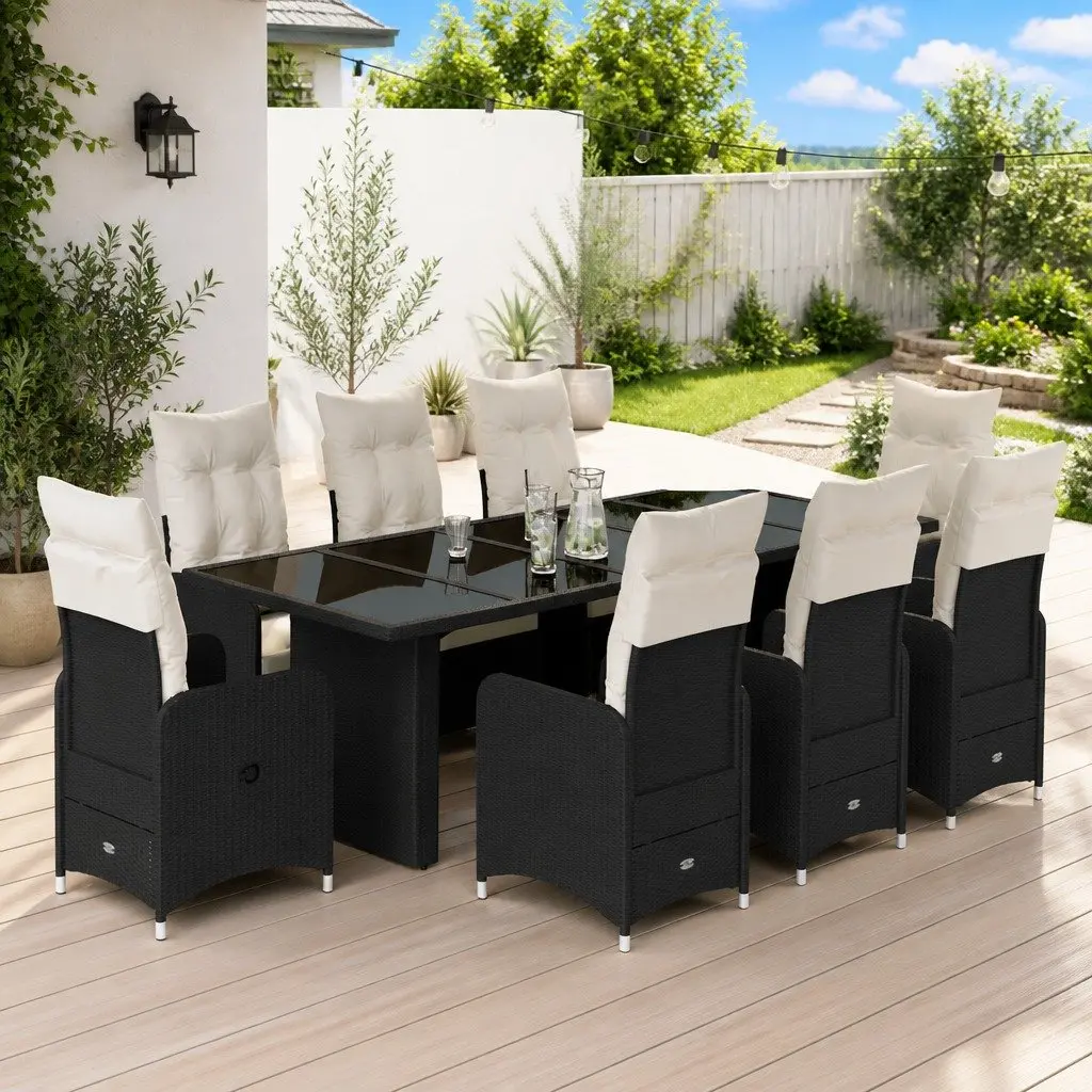 9 Piece Adjustable Outdoor Bistro Set Black PE Rattan with Cushions and Tempered Glass Table