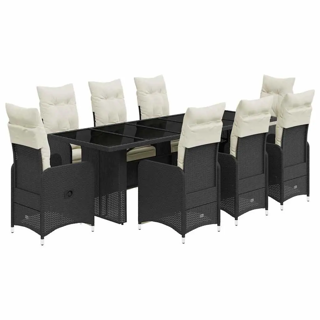 9 Piece Adjustable Outdoor Bistro Set Black PE Rattan with Cushions and Tempered Glass Table