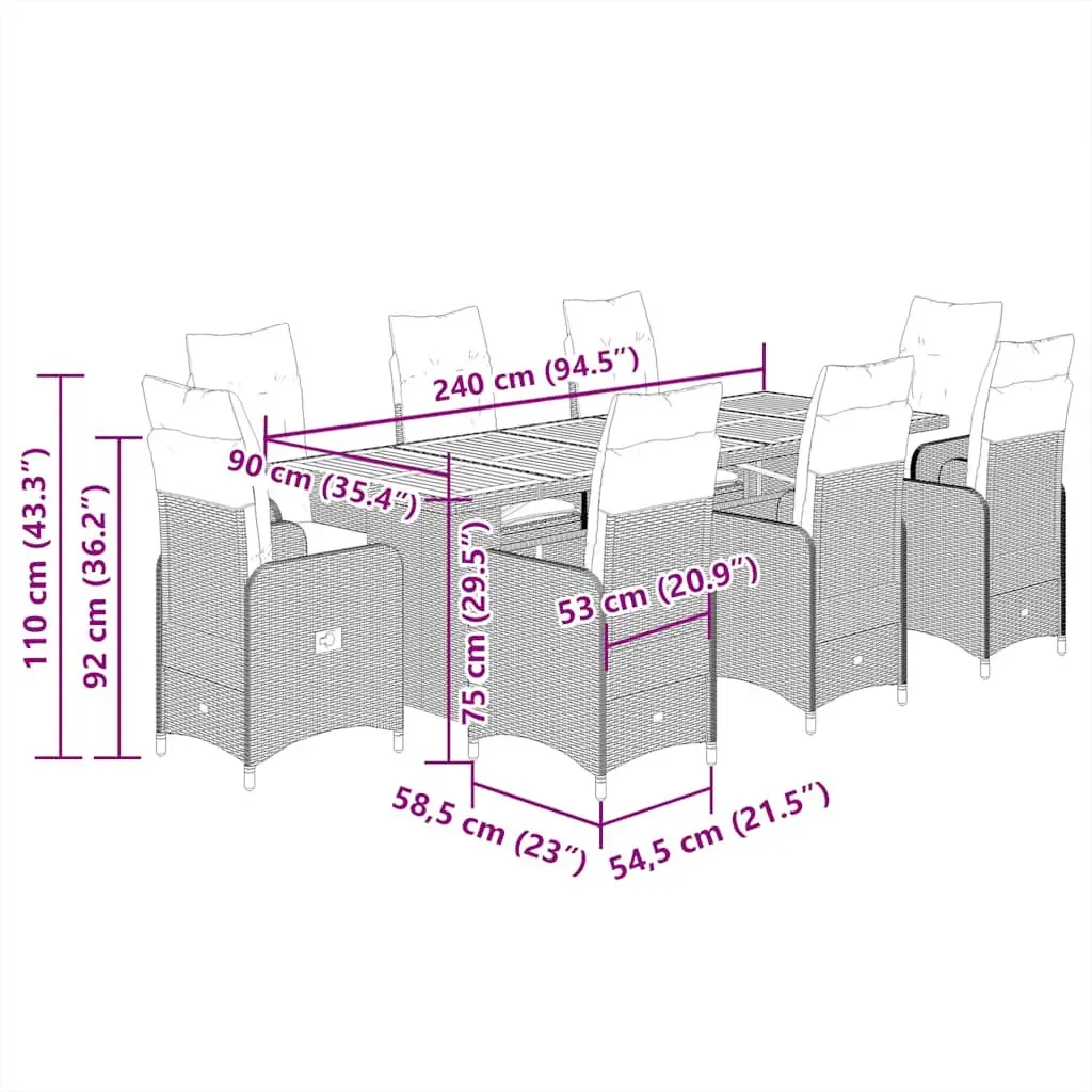 9 Piece Adjustable Outdoor Bistro Set Black PE Rattan with Cushions and Tempered Glass Table