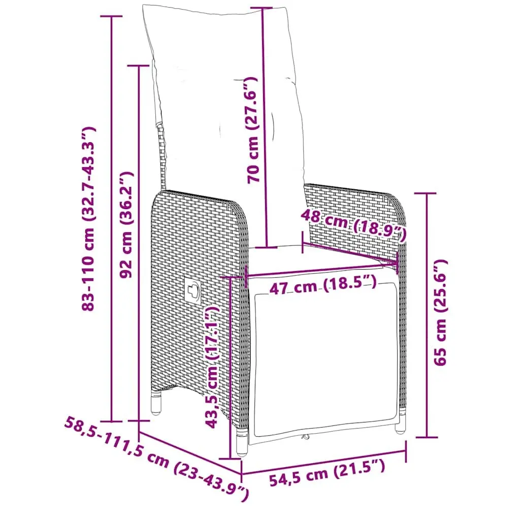 9 Piece Adjustable Outdoor Bistro Set Black PE Rattan with Cushions and Tempered Glass Table