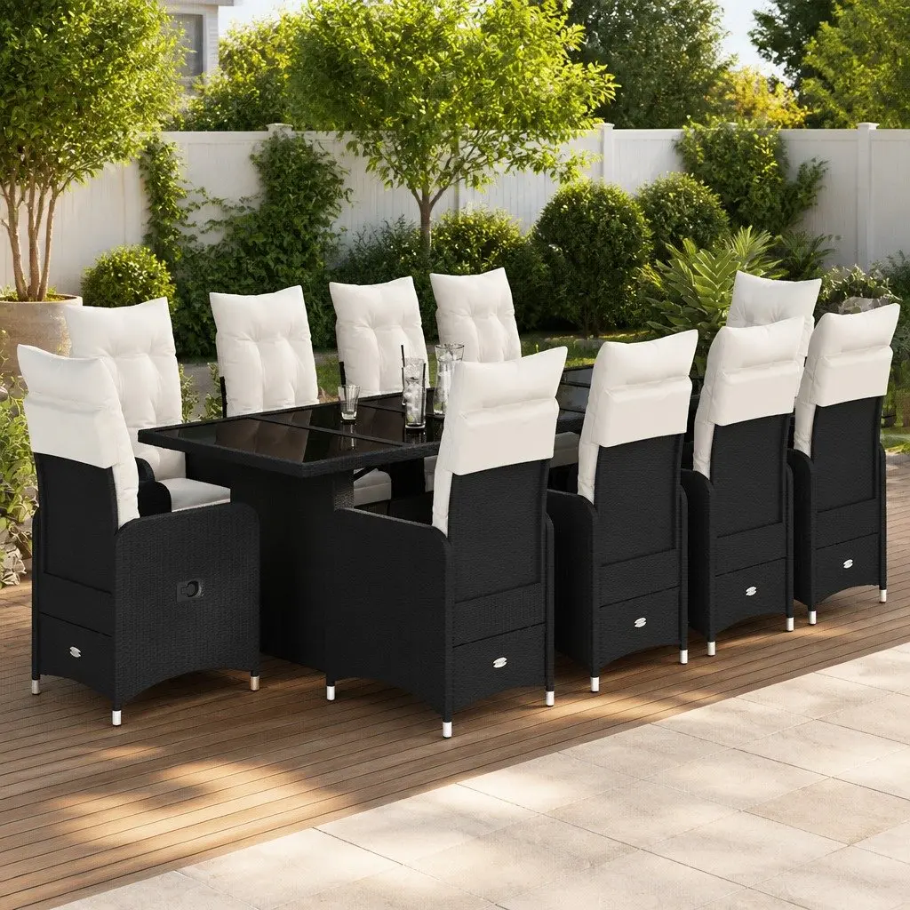 11 Piece Garden Bistro Set PE Rattan Black with Cushions