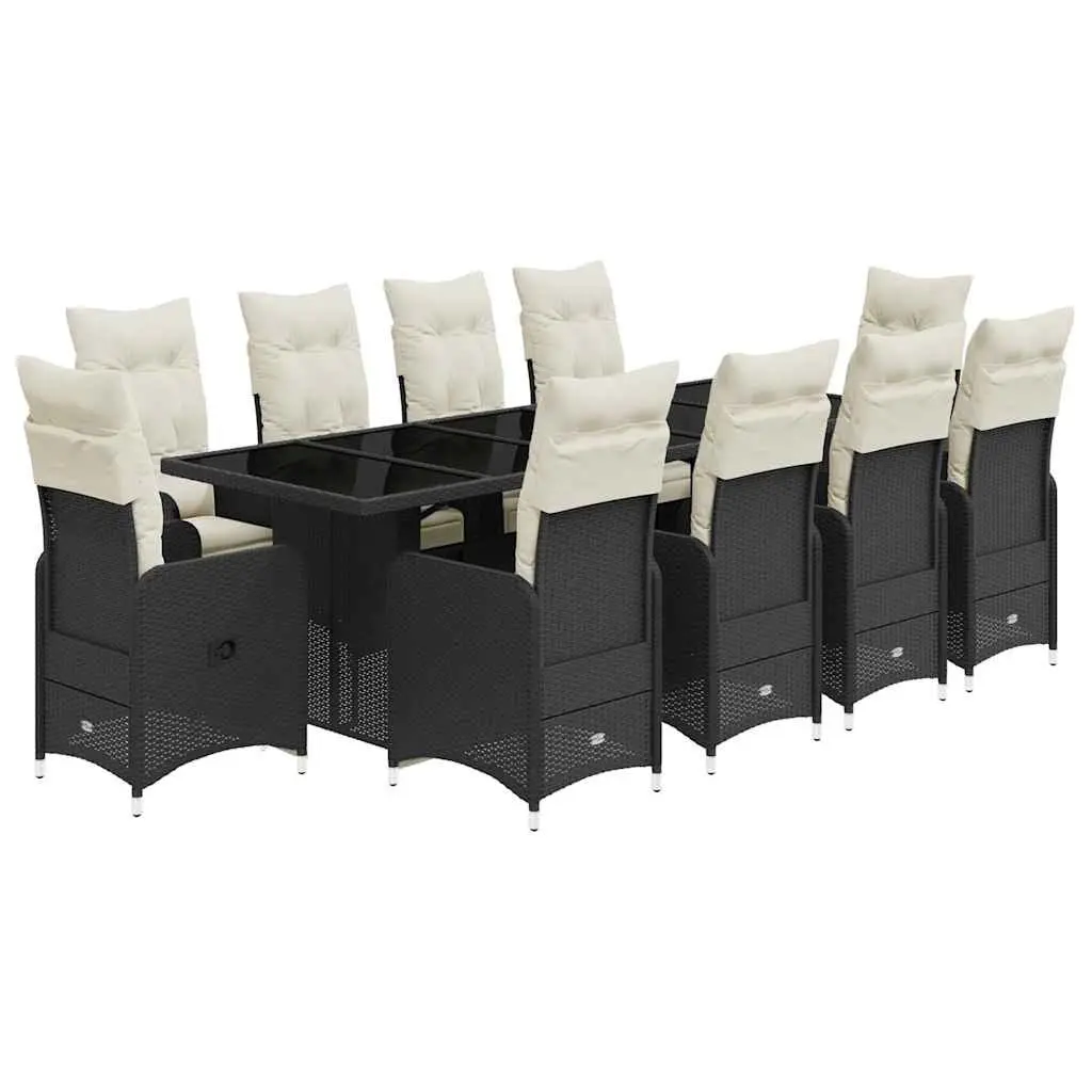 11 Piece Garden Bistro Set PE Rattan Black with Cushions