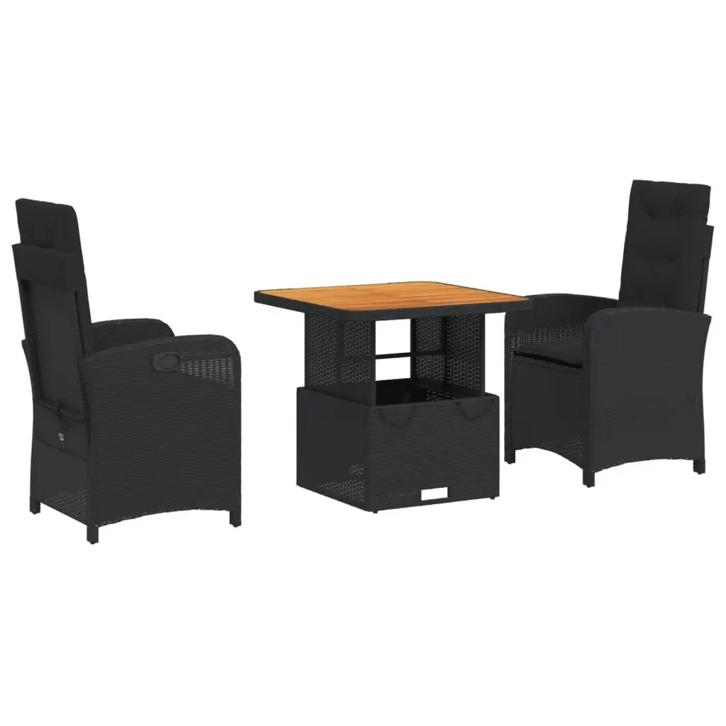 Garden Dining Set PE Rattan 3 Piece Adjustable Black with Cushions