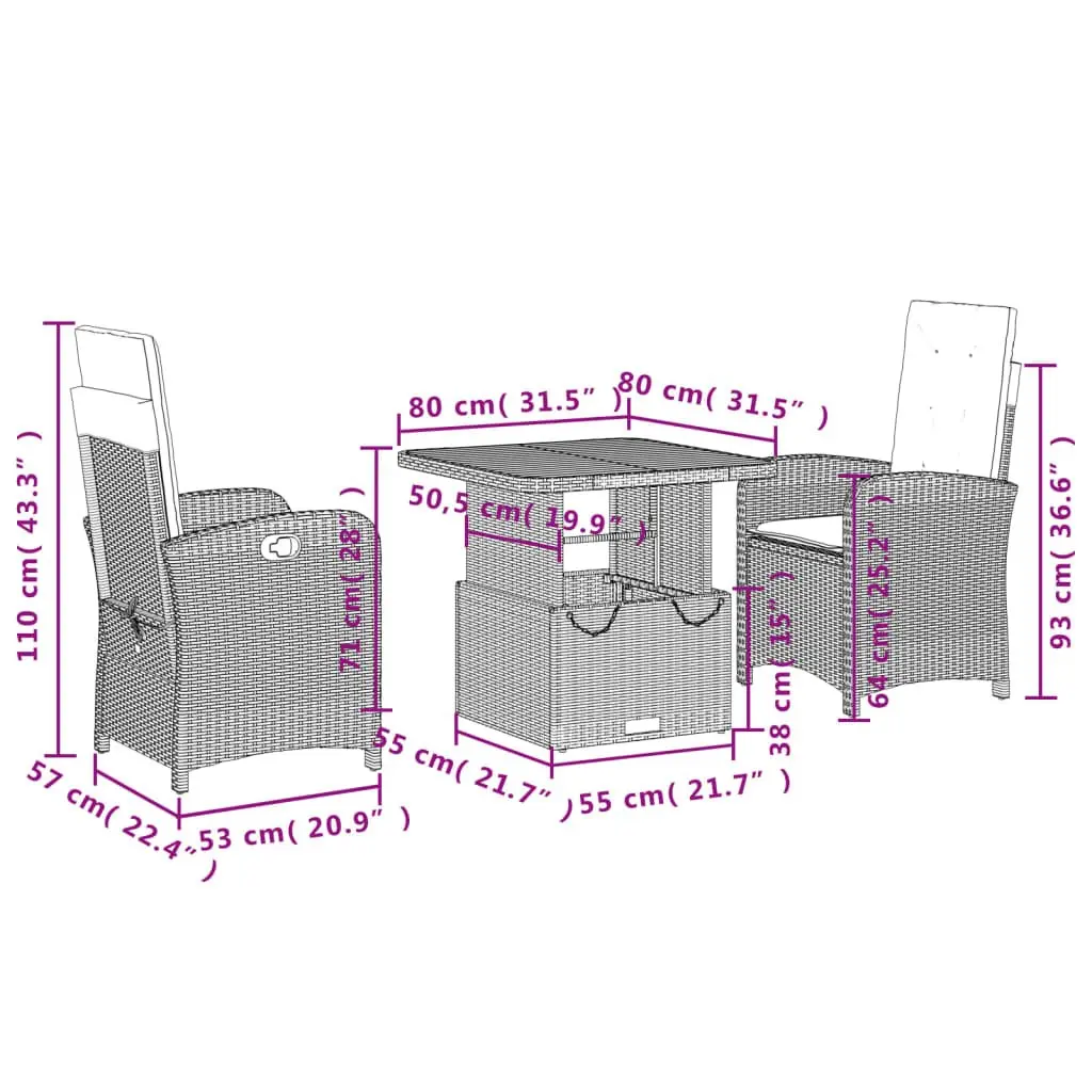 Garden Dining Set PE Rattan 3 Piece Adjustable Black with Cushions