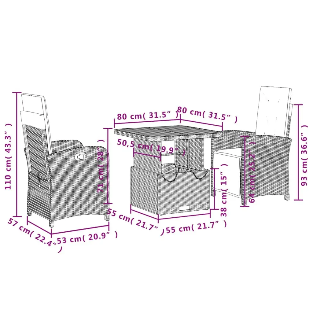 Adjustable Backrest Garden Dining Set Black PE Rattan 3 Piece Outdoor Furniture