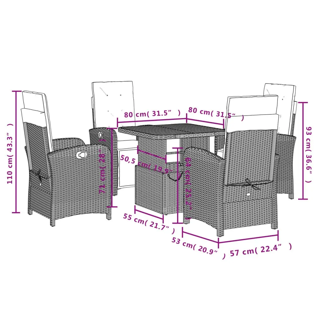 5 Piece Garden Dining Set Black PE Rattan Adjustable Table with Cushions