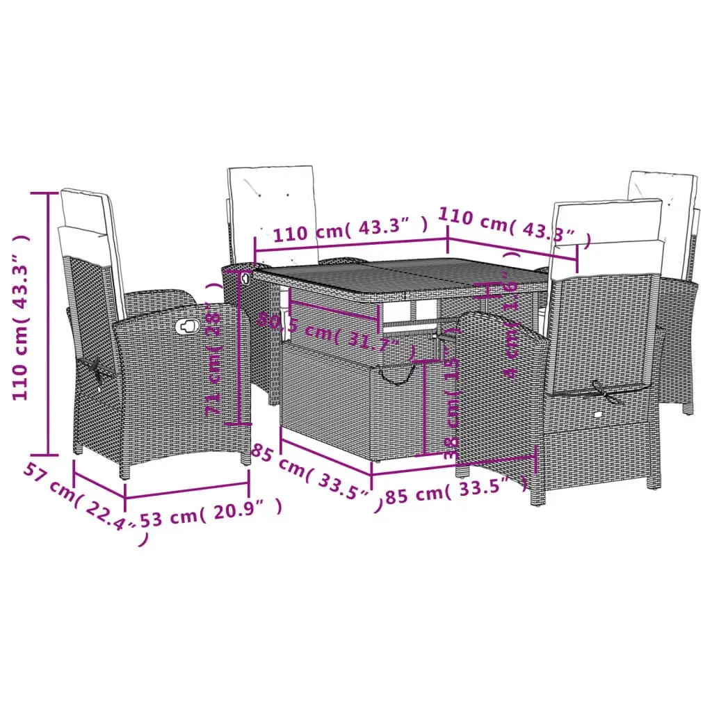 Garden Dining Set 5 Piece Outdoor Furniture Black Poly Rattan Adjustable Table