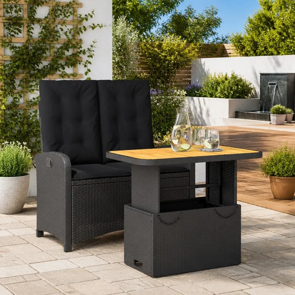 2 Piece Adjustable Backrest Garden Dining Set with Lift Top Table Black PE Rattan
