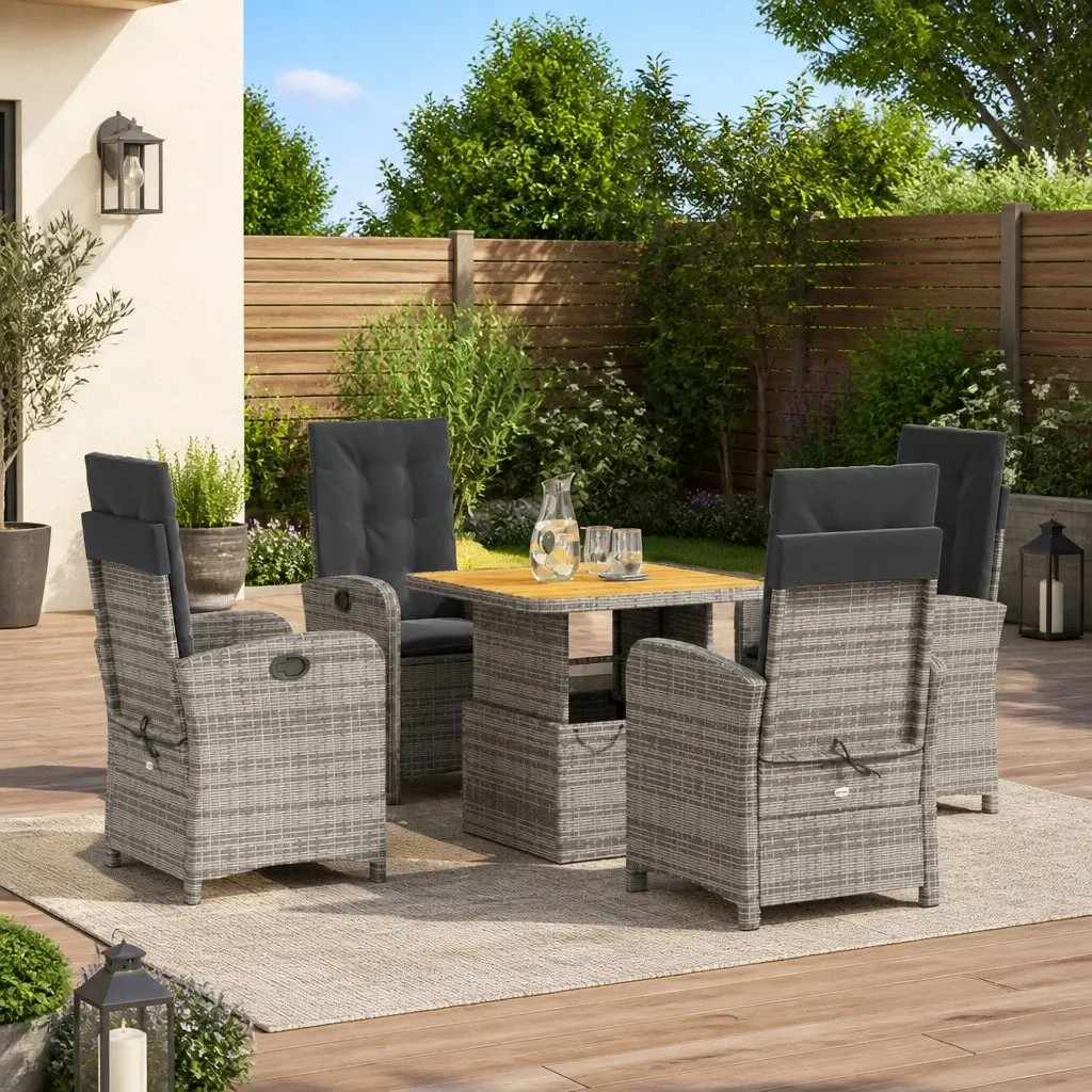 Garden Dining Set PE Rattan Adjustable Height Table 4 Chairs Cushions Grey