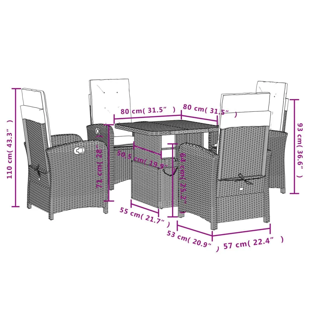 Garden Dining Set PE Rattan Adjustable Height Table 4 Chairs Cushions Grey
