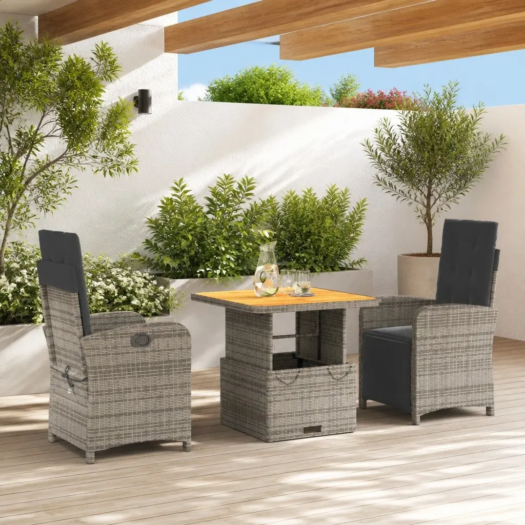 Outdoor Dining Set Adjustable Backrest 3 Piece Grey Poly Rattan Furniture