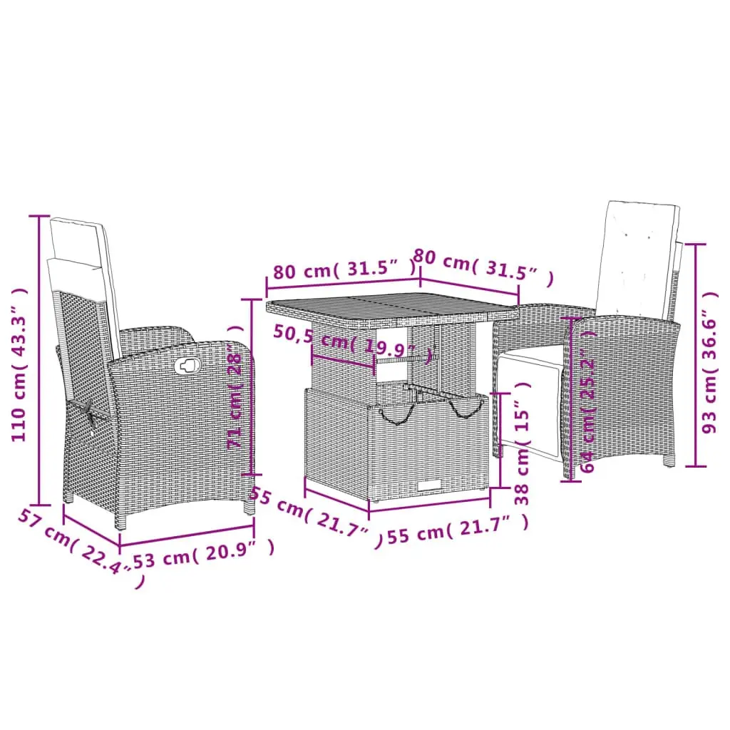 Outdoor Dining Set Adjustable Backrest 3 Piece Grey Poly Rattan Furniture