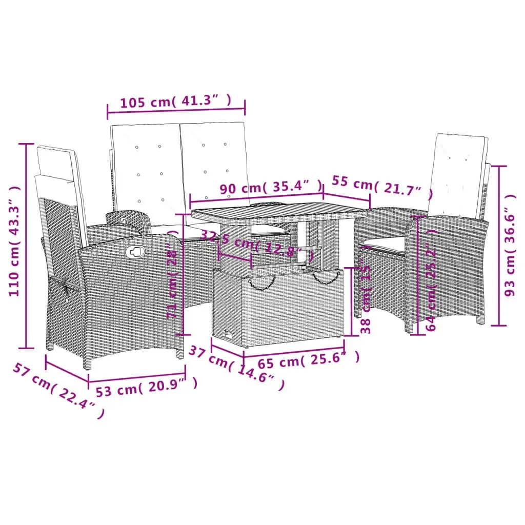 Garden Dining Set PE Rattan 4 Piece Adjustable Height Grey with Cushions
