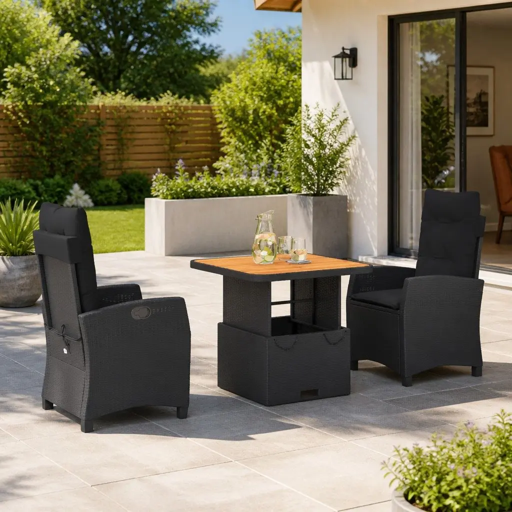 3 Piece Garden Dining Set Black PE Rattan Adjustable Backrest with Cushions