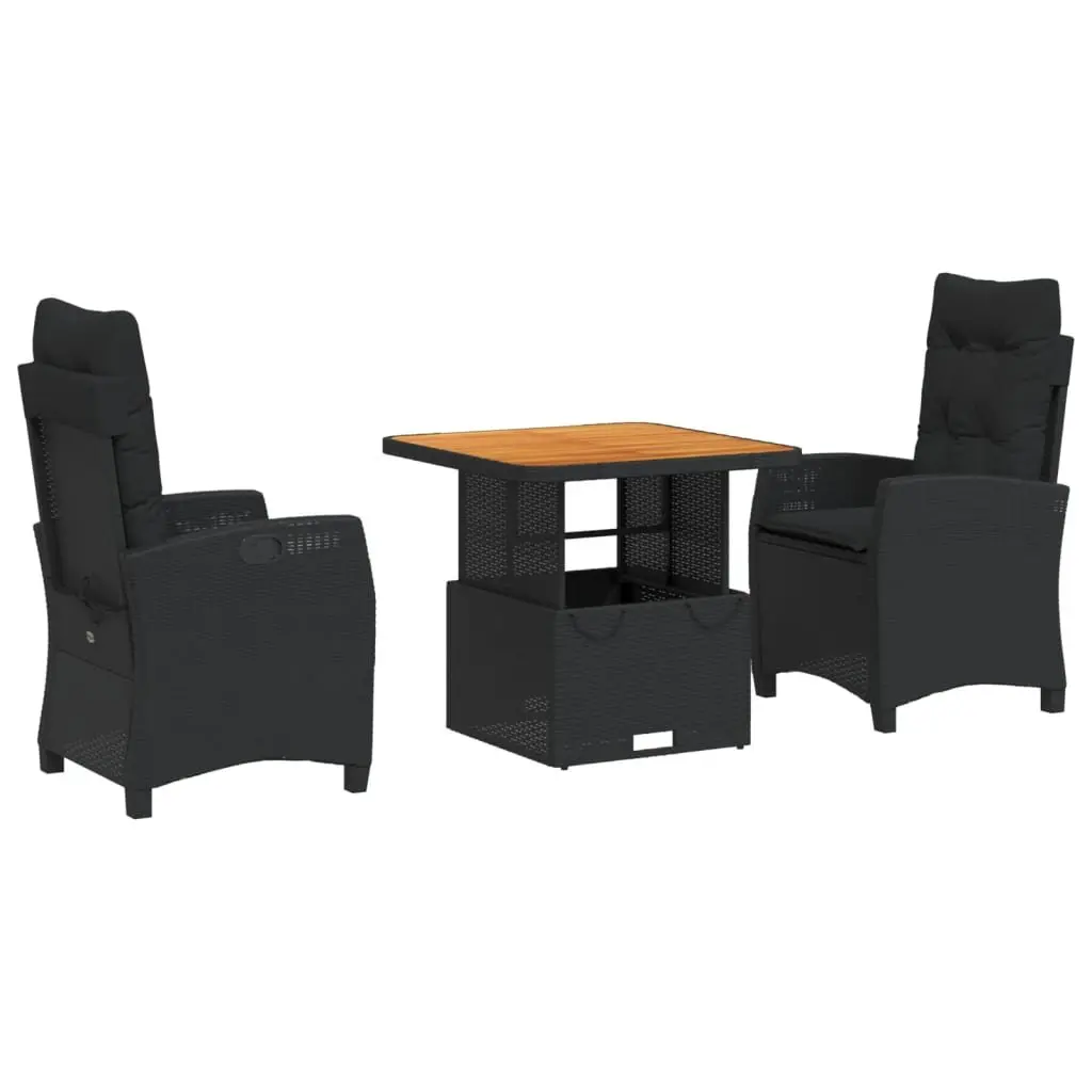 3 Piece Garden Dining Set Black PE Rattan Adjustable Backrest with Cushions