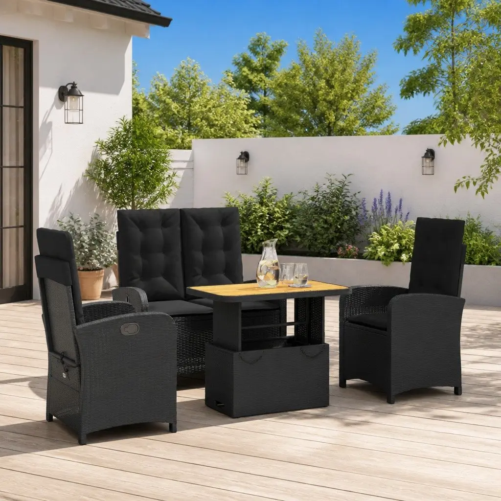 4 Piece Outdoor Dining Set PE Rattan Black Adjustable Backrest Garden Furniture