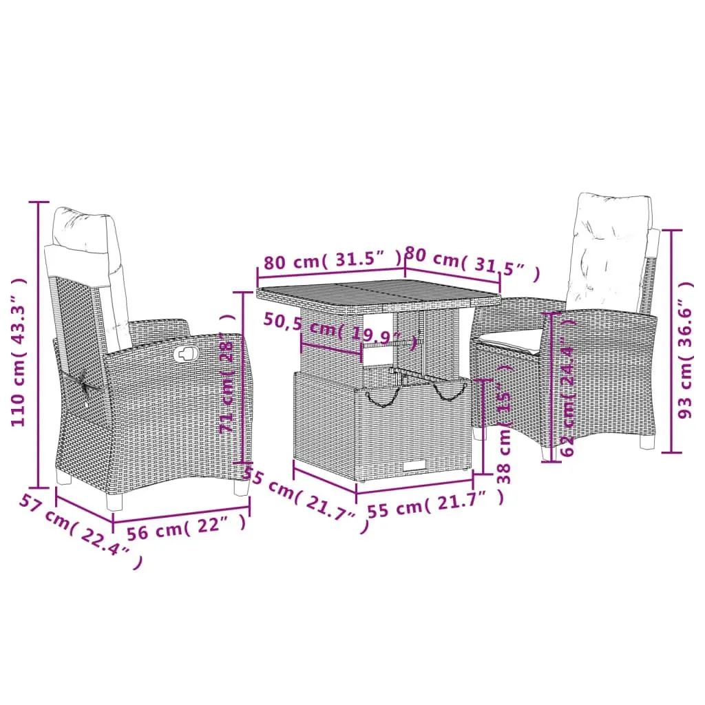 3 Piece Outdoor Dining Set Grey PE Rattan Furniture with Cushions Adjustable Backrest Lift Top Table