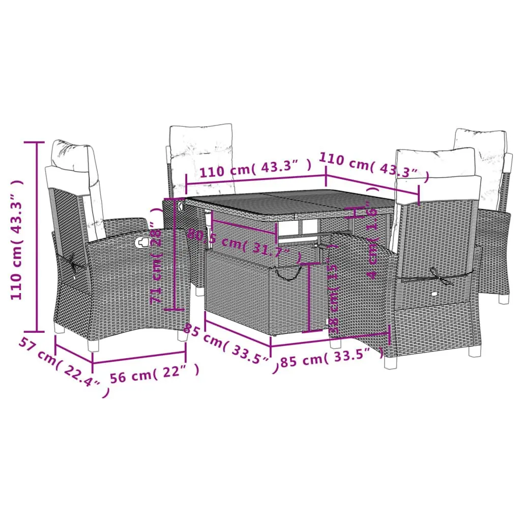 Garden Dining Set PE Rattan 5 Piece Adjustable Backrest Grey