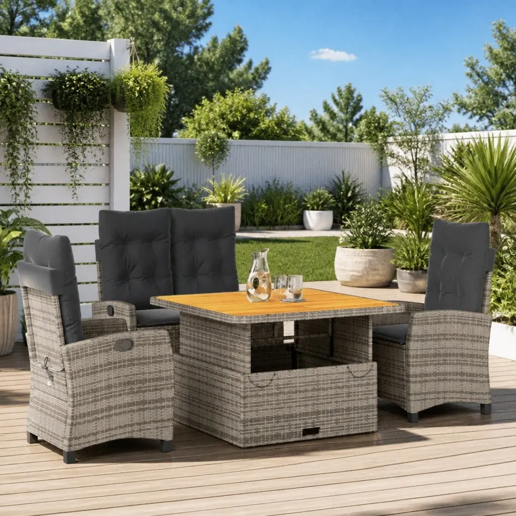 4 Piece Outdoor Dining Set Grey PE Rattan Patio Furniture with Cushions