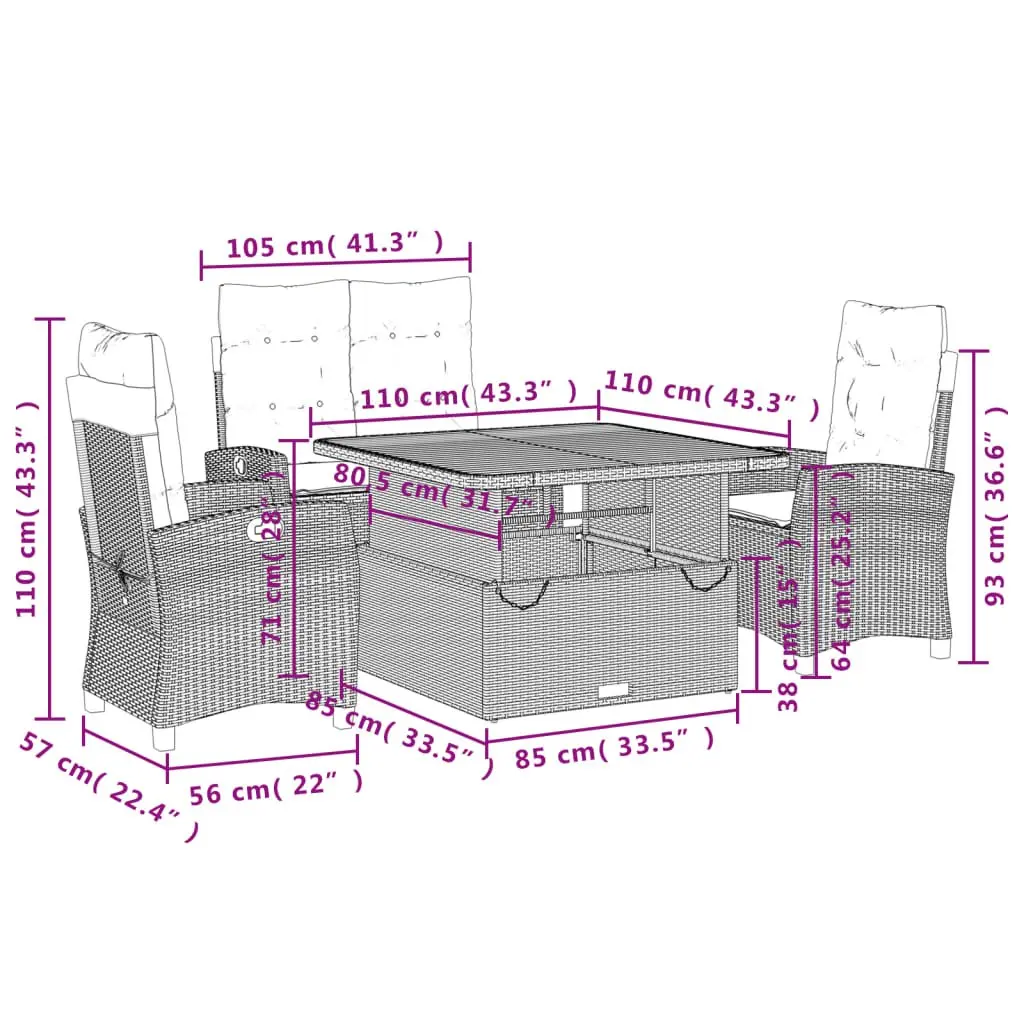 4 Piece Outdoor Dining Set Grey PE Rattan Patio Furniture with Cushions