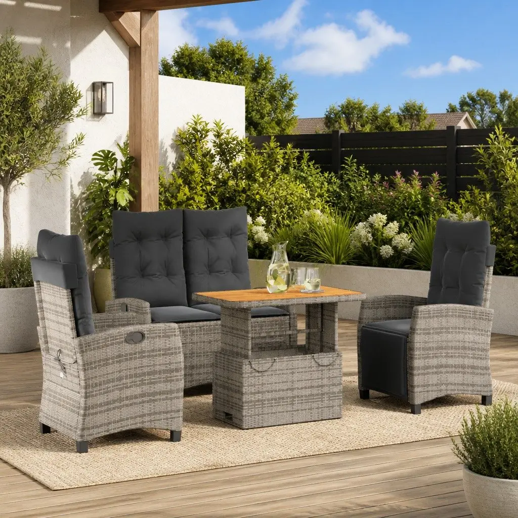 4 Piece Adjustable Backrest Garden Dining Set Grey PE Rattan Lift Top Table with Cushions