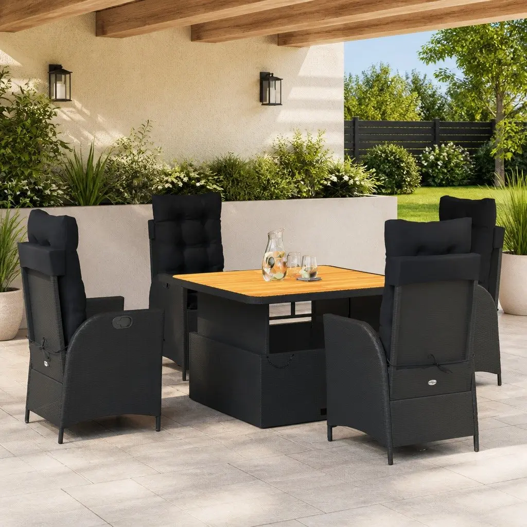 Garden Dining Set 5 Piece PE Rattan Adjustable Table Black with Cushions